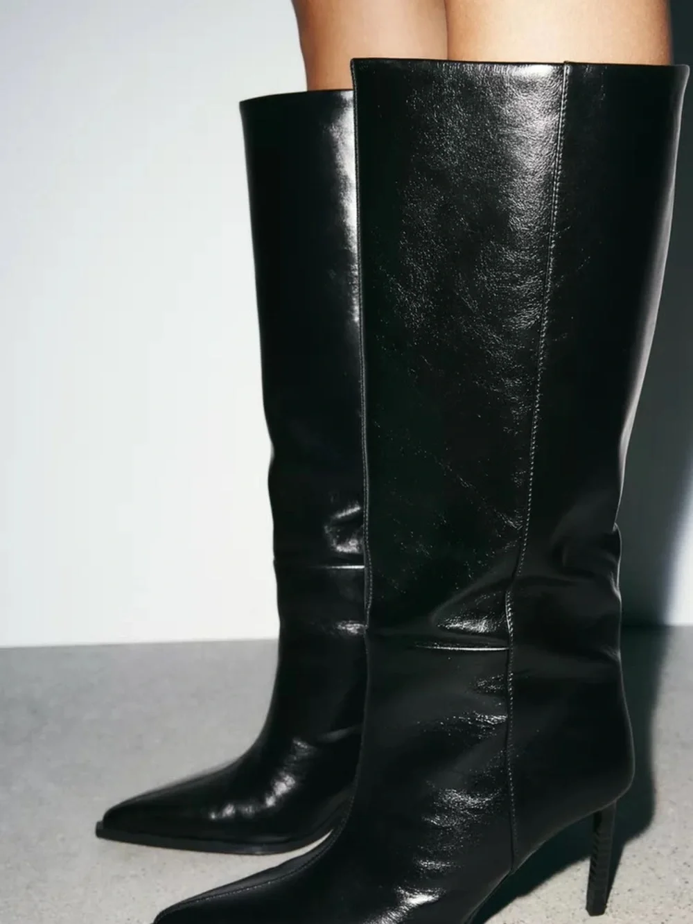 Zara Black Pointed-Toe Knee-High Stiletto Boots